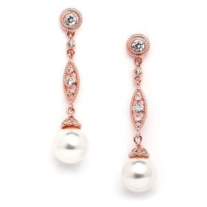 Felicite Pearl Bridal Earrings Earrings - Long Drop  Rose Gold  