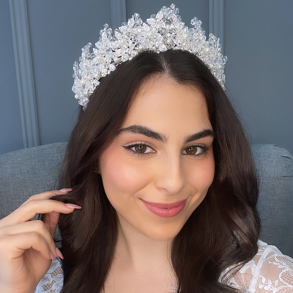 Monarch Bridal Crown with Pearls Hair Accessories - Tiara & Crown  Silver with Pearls  