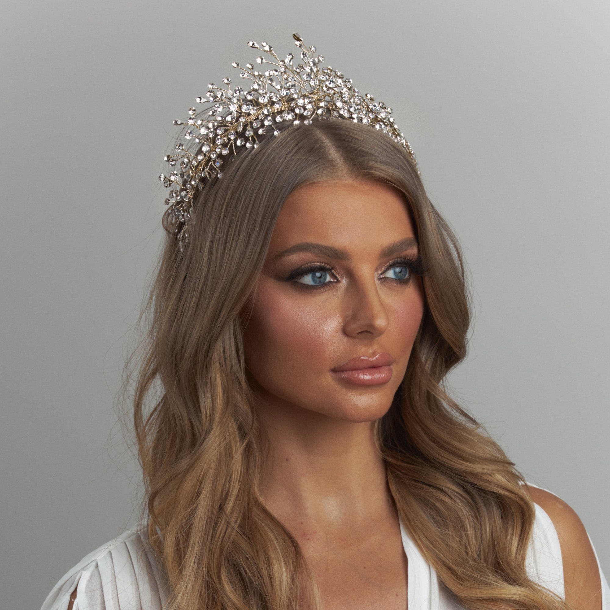 Aalia Bridal wedding Gold Luxury Crystal Crown Tiara headpiece