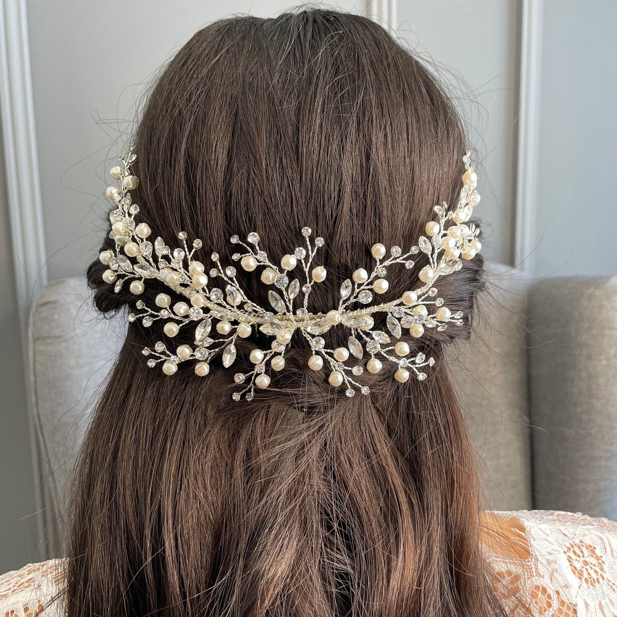 Evelina Crystal Pearl Bridal Comb Hair Accessories - Headpieces