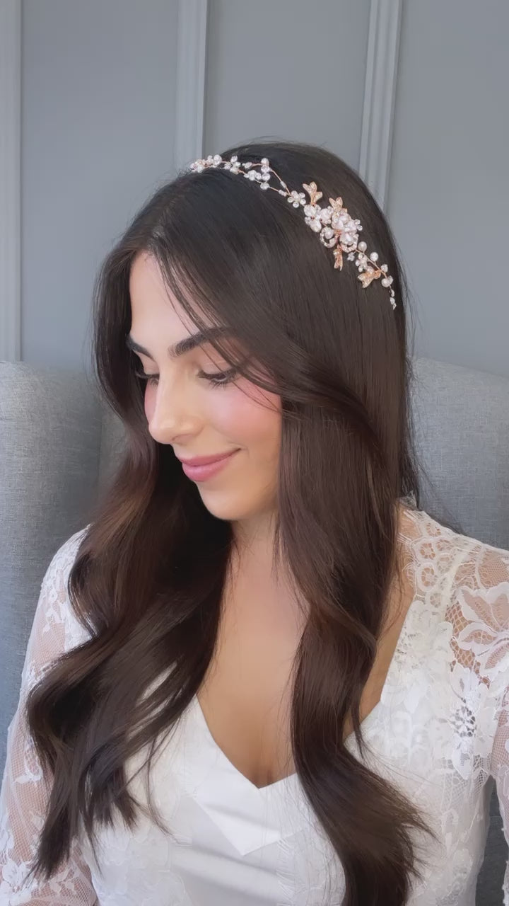 Fae Crystal Pearl Bridal Hair Vine - Rose Gold