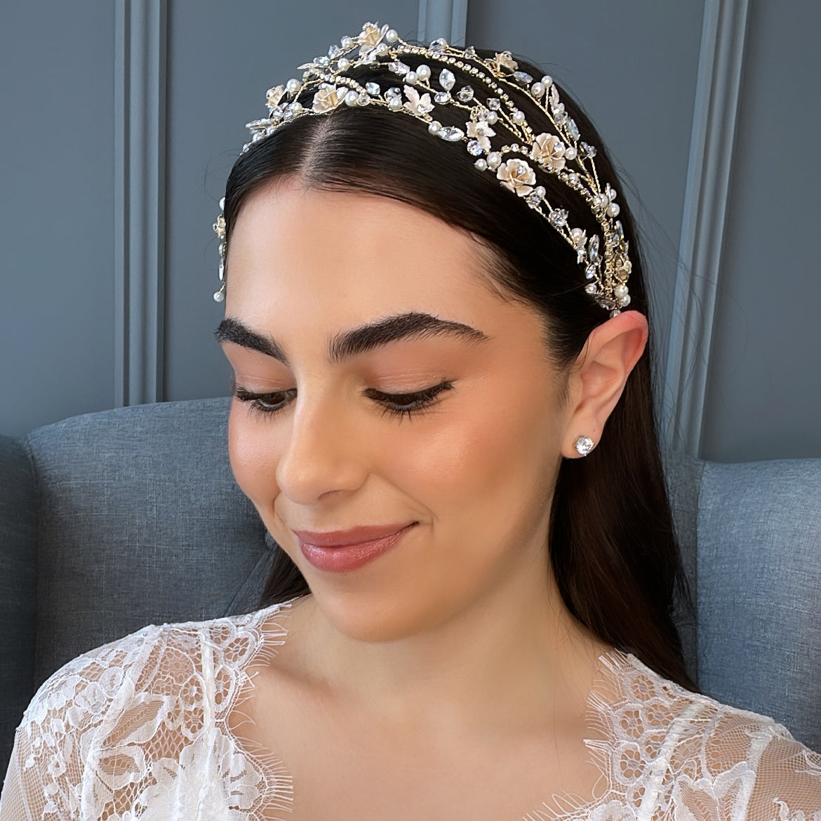 Lakia Floral Crystal Pearl Bridal Headband Hair Accessories - Headbands,Tiara