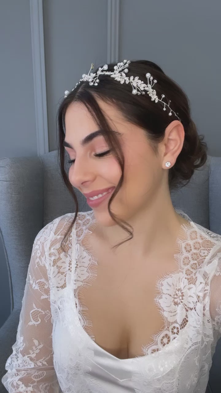 Lois Crystal Pearl Bridal Hair Vine